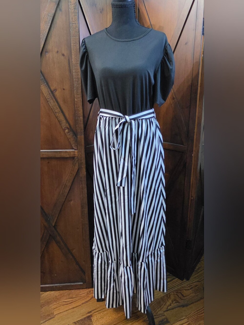 Striped Black and White Tie-Waist Maxi Skirt